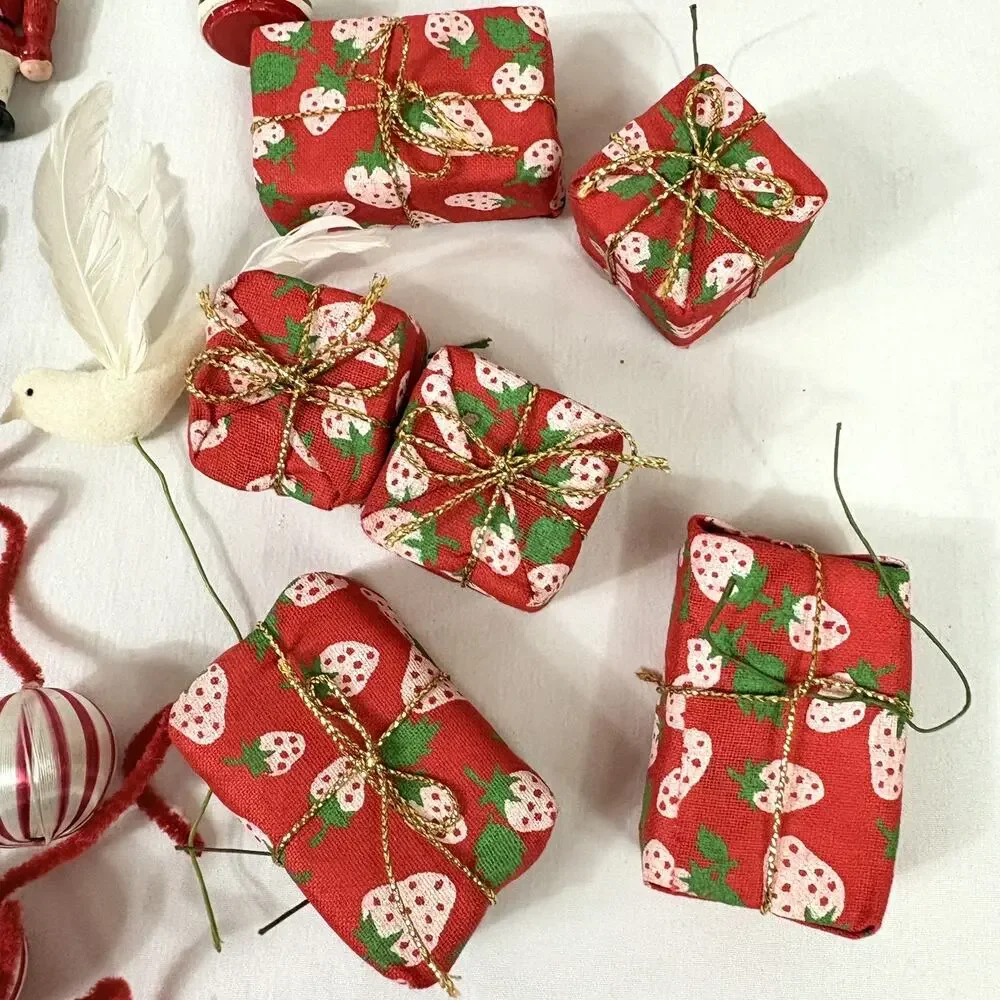Vintage Mixed Lot Small Wooden Silk Christmas Tree Holiday Ornaments